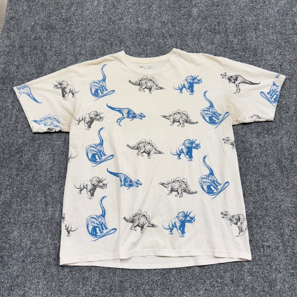 AOP T-Shirt Men's XL Dinosaurs 100#%‎ Cotton Stained Blue/White Y2K